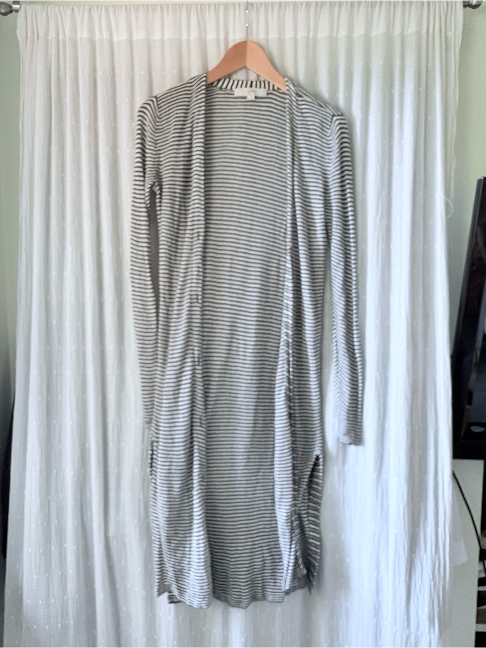 LOFT Long Sleeve Striped Open-Front Dress/Cardigan in Gray and White